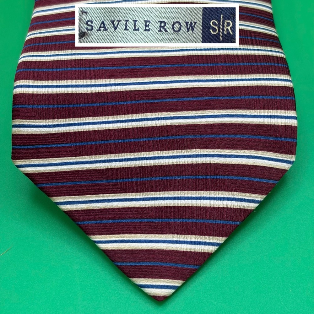 VTG 90s Savile Row 100% Silk Necktie Mens Red/Blue/Cream Striped Tie USA Made